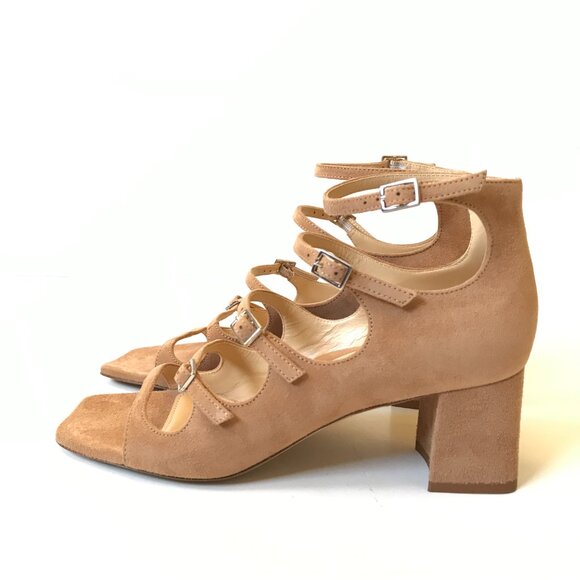 NEW Marion Parke Francine Sandals Heels Womens 37 7 Caramel Tan Suede Buckle NEW - Picture 6 of 12